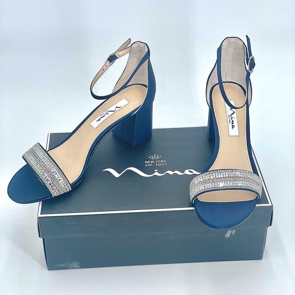 NINA WOMENS NAVY SUEDETTE CRYSTAL BLOCK MID-HEEL ANKLE STRAP DRESS SANDAL NIB! - Picture 4 of 15